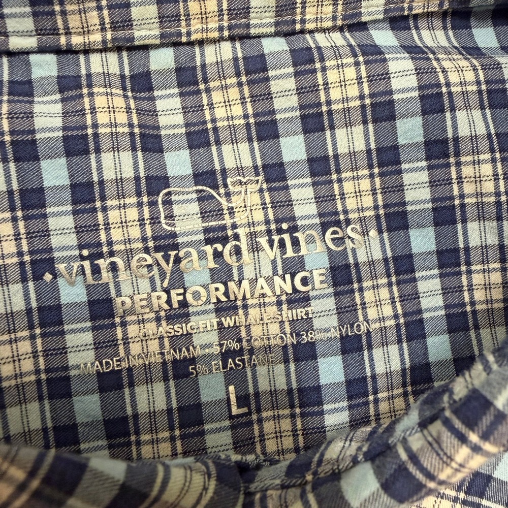 Vineyard Vines Performance Button Down Shirt Mens Large Stretch Blue Check Whale - Picture 4 of 8